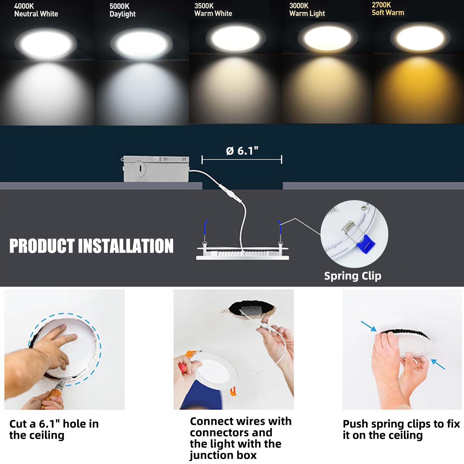 6 inch 5CCT LED Recessed Ceiling Light with Night Light with Junction Box, 2700K/3000K/3500K/4000K/5000K Selectable Ultra-Thin Lighting, 12W=110W, 10500LM, Dimmable Canless Wafer Downlight ETL