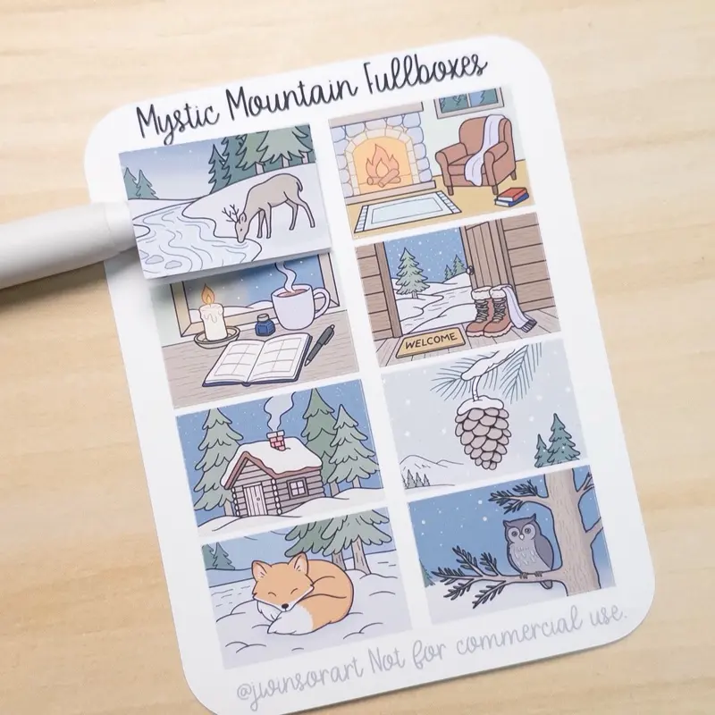 Mystic Mountain Fullboxes | Hobonichi Cousin Weekly Stickers | Cozy Winter Cabin Planner Stickers