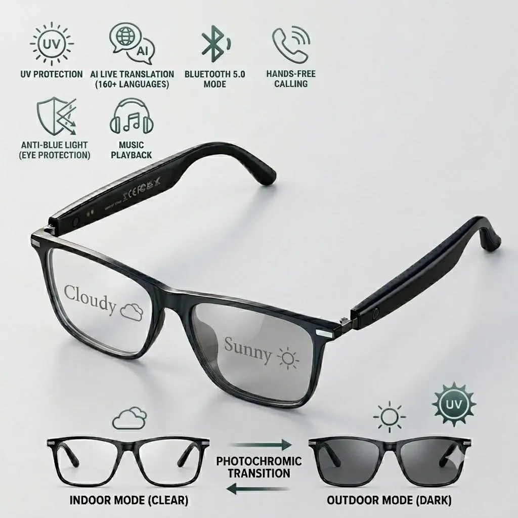 Smart Photochromic Lenses Bluetooth Glasses with 160+ Languages Live Translation App, Anti-Blue Light & UV400 Protection & Hands-Free Calling, 6-Hour Battery Life, Ultra-Ligh tweight Eyewear for Travel & Daily Use Wearable