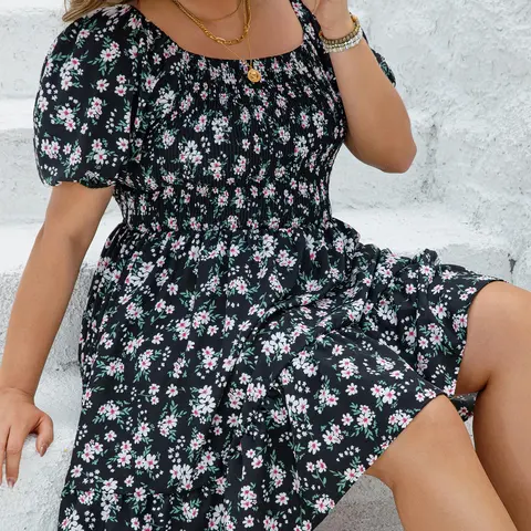 [Plus Size] Ditsy Floral Print Pocket Dress, Boho Fashion Casual Short Sleeve Dress for Daily Holiday Vacation Wear, Women Plus Clothing for Summer, Casual Boho Style