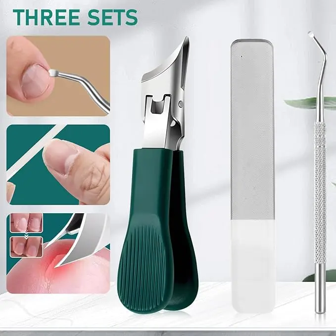 Nail Care Tool Set Green Anti-Splash Large Opening Beveled Eagle Beak Design for Thick Hard Nails with Nail Clipper Ingrown Nail Lifter Nail File