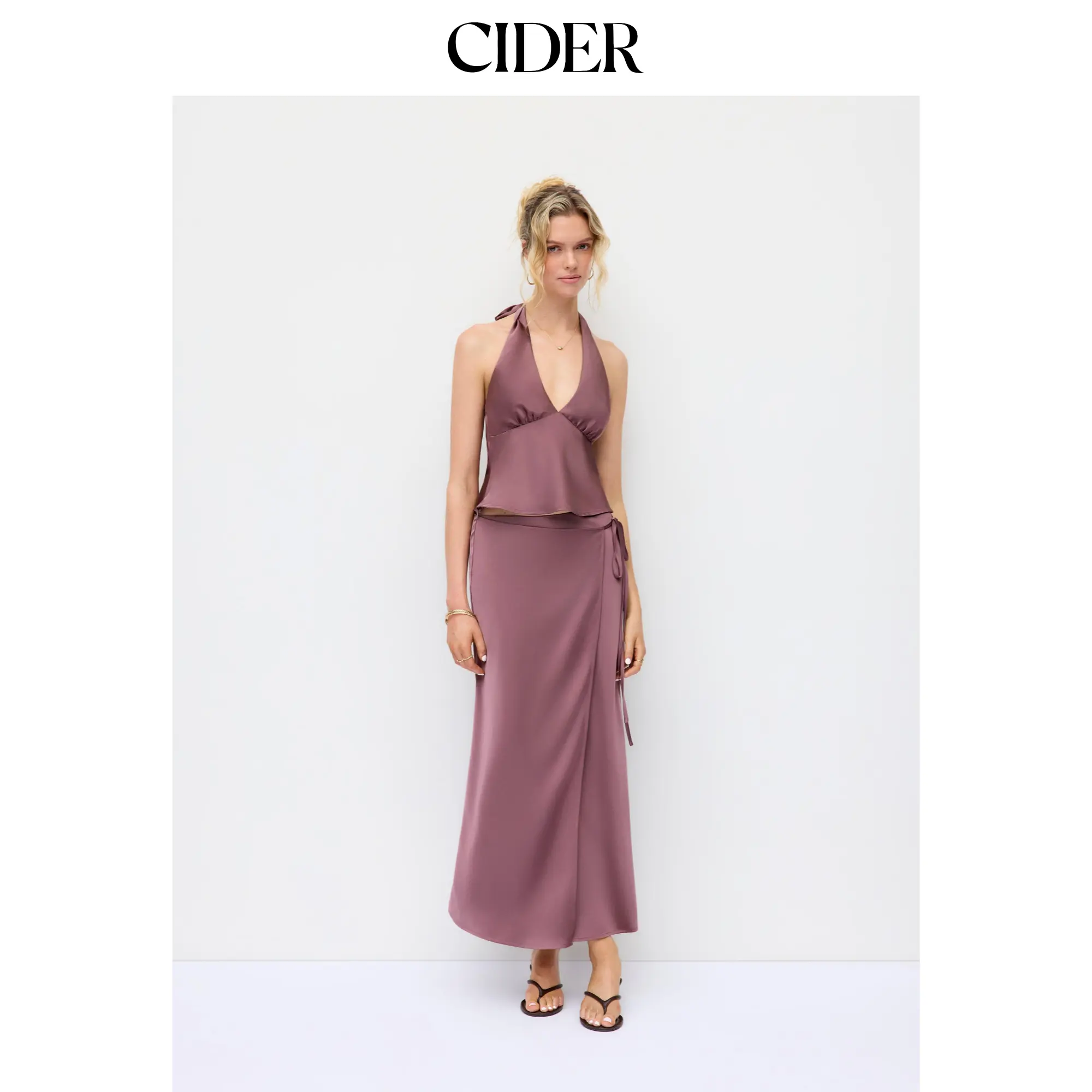 Cider Women's Chic Elegant Sleeveless Satin Halter Top & Wrap Maxi Skirt 2-Piece Lady Clothing Set, Long, Stain, Floor Length, Halter Neck, Evening, Dress, 2 Piece Skirt & Top Sets