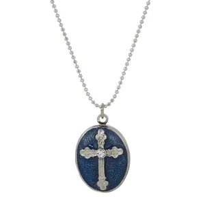 Budded Cross Oval Enamel Photo Locket Necklace 18"
