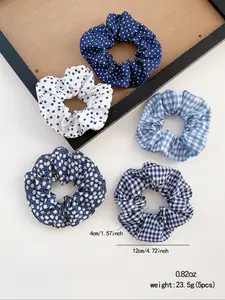 5pcs Blue Hair Accessories Set, Scrunchies, Multiple Options, Easy Hairstyles, Elegant Plaid Design, All Seasons, No Ca Prop 65 Warning