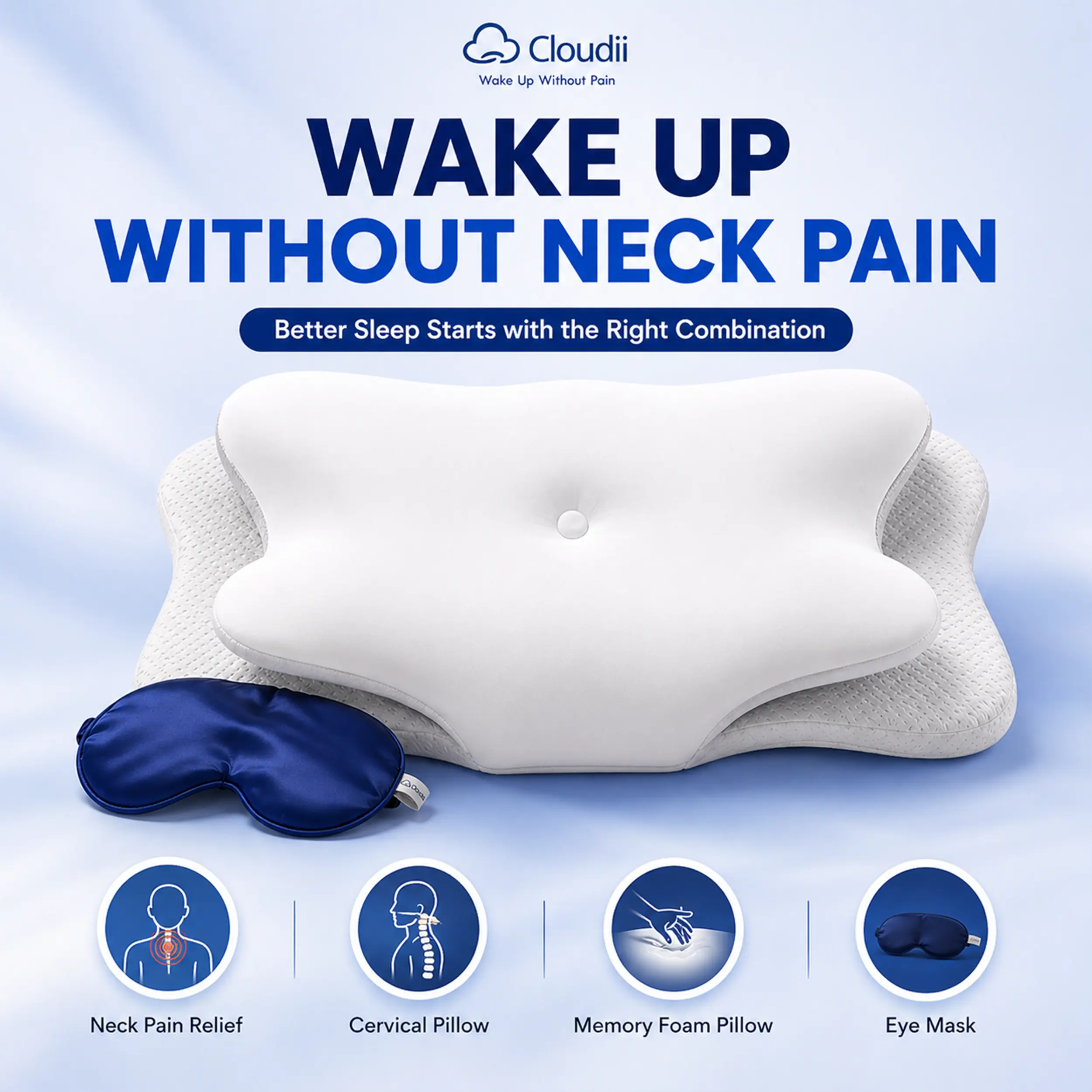 Cervical Pillow for Neck Pain Relief + Silk Eye Mask Bundle – Ergonomic Cooling Memory Foam, Orthopedic Support for Side & Back Sleepers, Shoulder Pain