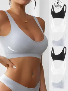Women's Bra Set, Pure Color Design, Sports Style Elastic Comfortable Skin-Friendly, No Steel Cup, Daily Casual Wear, Stretch Sports Bra, 6 Pieces, Seamless Sports Bras