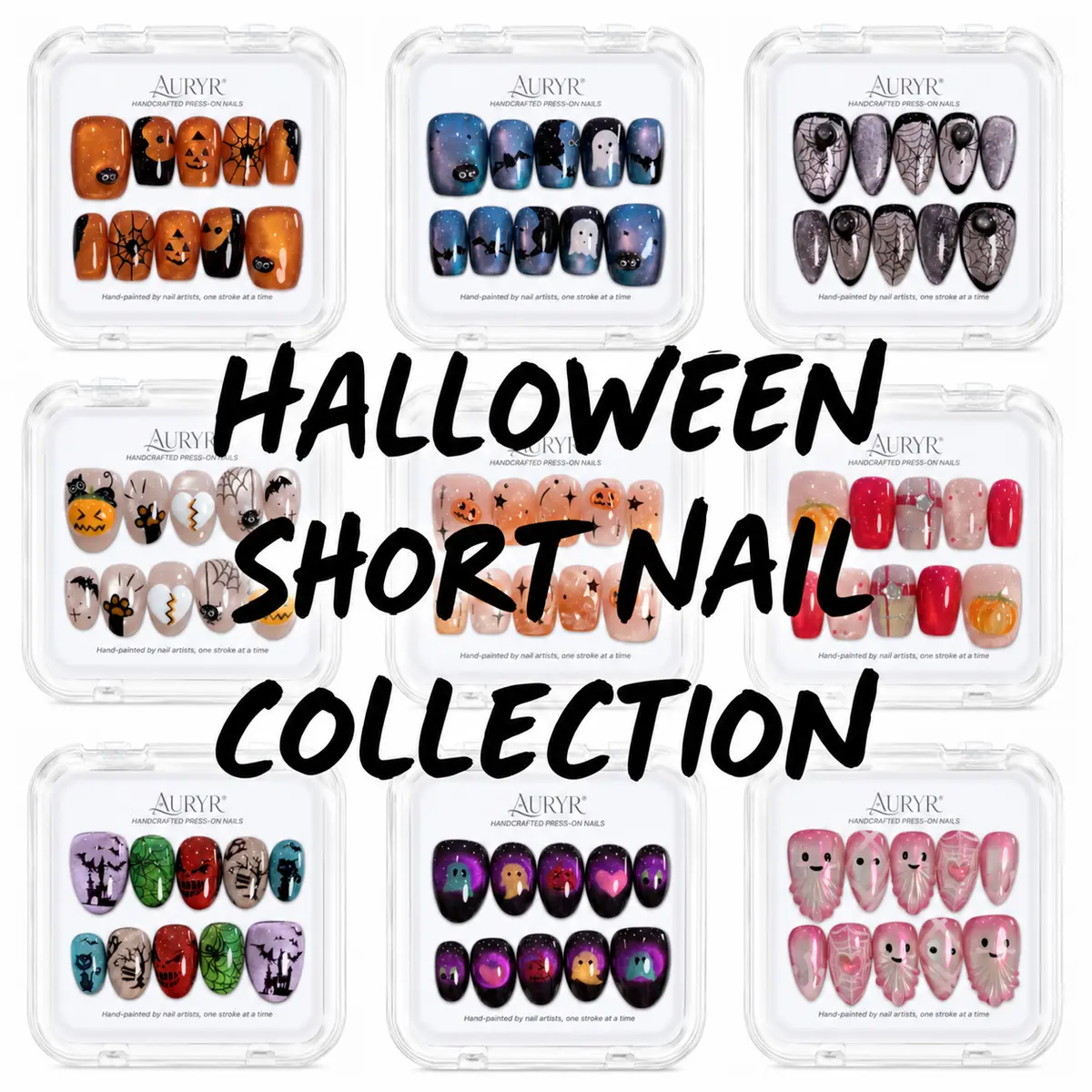 AURYR Reusable Handmade Halloween Press On Nails, Short False Nails with Pumpkin, Ghost, Spiderweb and Skull Designs, Nail Kit with Glue