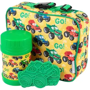 Bentology Kids Lunch Tote Set Monster Truck Green - Reusable Hard Ice Pack & Stainless Steel Food Jar Thermos - Hot or Cold Food for Hours- Perfect Lunchbox Kit for Boys & Girls, Back to School