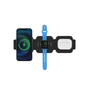 ModiTech 3 in 1 Magnetic Foldable Wireless Charger Stand for Apple Series, Travel Wireless Charging Station Compatible with Multple Devices for Apple Watch, AirPods, iPhone 17 16 15 14 13 12 series Pro Max Mini (with Adapter) Mobile Portable Folding