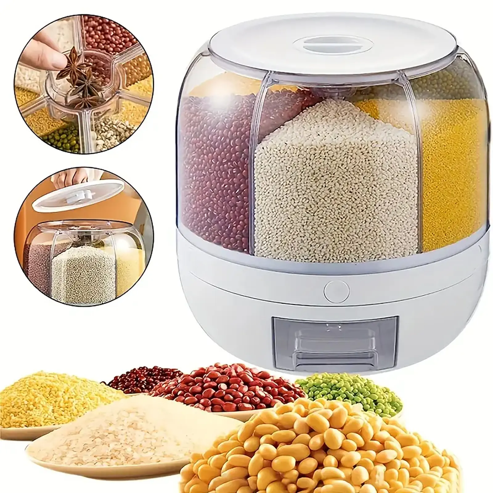 Rotating Grain Storage Bin 6 Grids Rice ContainerOne-Click Output Large Capacity Food Dispenser ForRice Grains or Pet Food Sealed Moisture ProofOrganizer