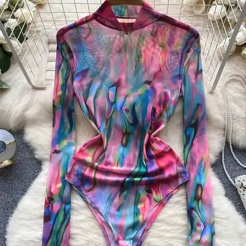 Women's Tie Dye Print Long Sleeve Bodysuit, Casual High Neck Bodysuit, Ladies Clothes for Spring & Fall