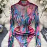 Women's Tie Dye Print Long Sleeve Bodysuit, Casual High Neck Bodysuit, Ladies Clothes for Spring & Fall