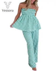Womens Green Striped Bandeau Pant Set Flowy Babydoll Tube Top High Waist Wide Leg Pants 2 Piece Vacation Outfit Boho Beach Lounge Set