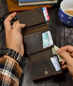Personalized Leather Trifold Wallet Men, Engraved Leather Pop Up Card & Cash Holder