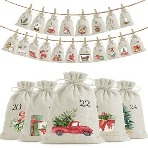 24 Pcs 2025 Christmas Advent Calendar Burlap Drawstring Bag Packs, 24 Days Countdown Calendar Burlap Bags with Lovely Ornaments mini christmas gift bags Assorted Tags