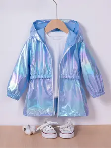 Girls' Spring & Fall Hooded Jacket, Cute Gradient Color Zipper Lightweight One-Piece Top, Fitted Woven Fabric Outerwear