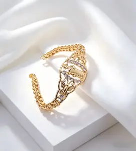 14K Gold Plated Jesus Bracelet, Catholic Christian Religious Jewelry with CZ Stones, Butterfly Detail Link Chain for Women, Faith Gift