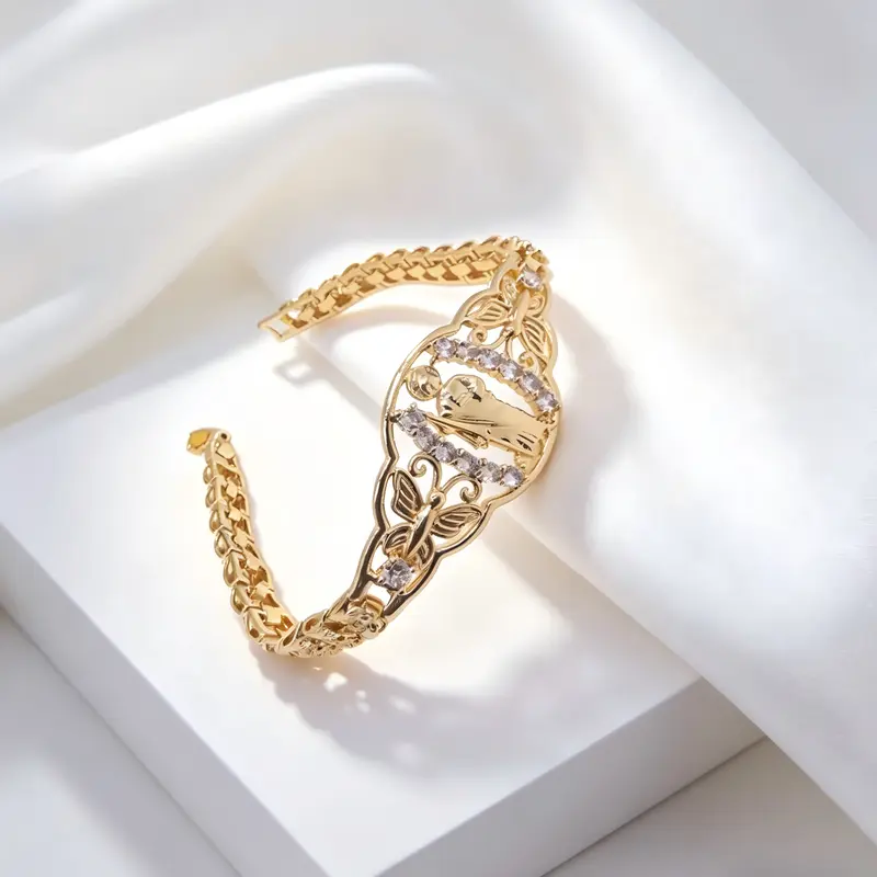 Women's 14K Gold-Plated Jesus Bangle - Catholic Christian Religious Jewelry with CZ Stones, Butterfly Detail Link Chain, Exquisite Fashion Everyday Wear Daily Bracelet, Female Gift