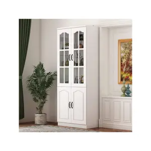 Home Office and Living Room Wooden Tall Display Bookcase Bookshelf with 5-Tier Shelves & 2 Carved Glass Doors, with Arched Doors