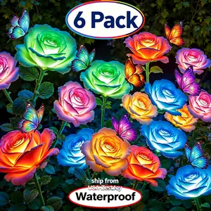 6-Pack Solar Rose Lights Outdoor - 24 Realistic Petals With 7-Color Changing LEDs & Leaves, Waterproof Solar Garden Lights For Yard, Patio, Lawn - Auto On/Off, No Wiring Needed, Perfect Outdoor Decor, 12 Pcs Clip-on Butterfly Accessories