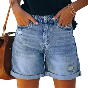 Denim Shorts Women's Casual Ripped Denim Shorts High Rise Distressed Rolled Hem Jeans Shorts Bottom Pants