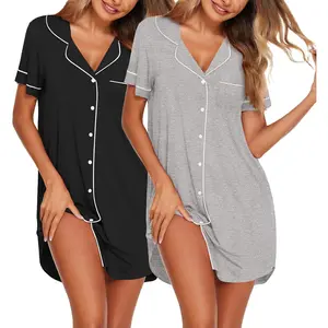 Nightgowns for Women 2 Pack Button Down Sleepwear Short Sleeve Sleepshirts Soft Nightshirts Boyfriend Pajama Dress