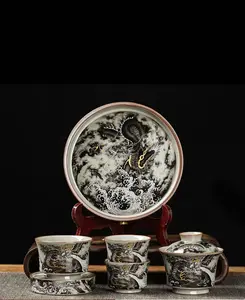 Handmade Ceramic "Black Dragon Emerging from the Sea" Six-Piece Set with Detailed Dragon Design and Elegant Finish