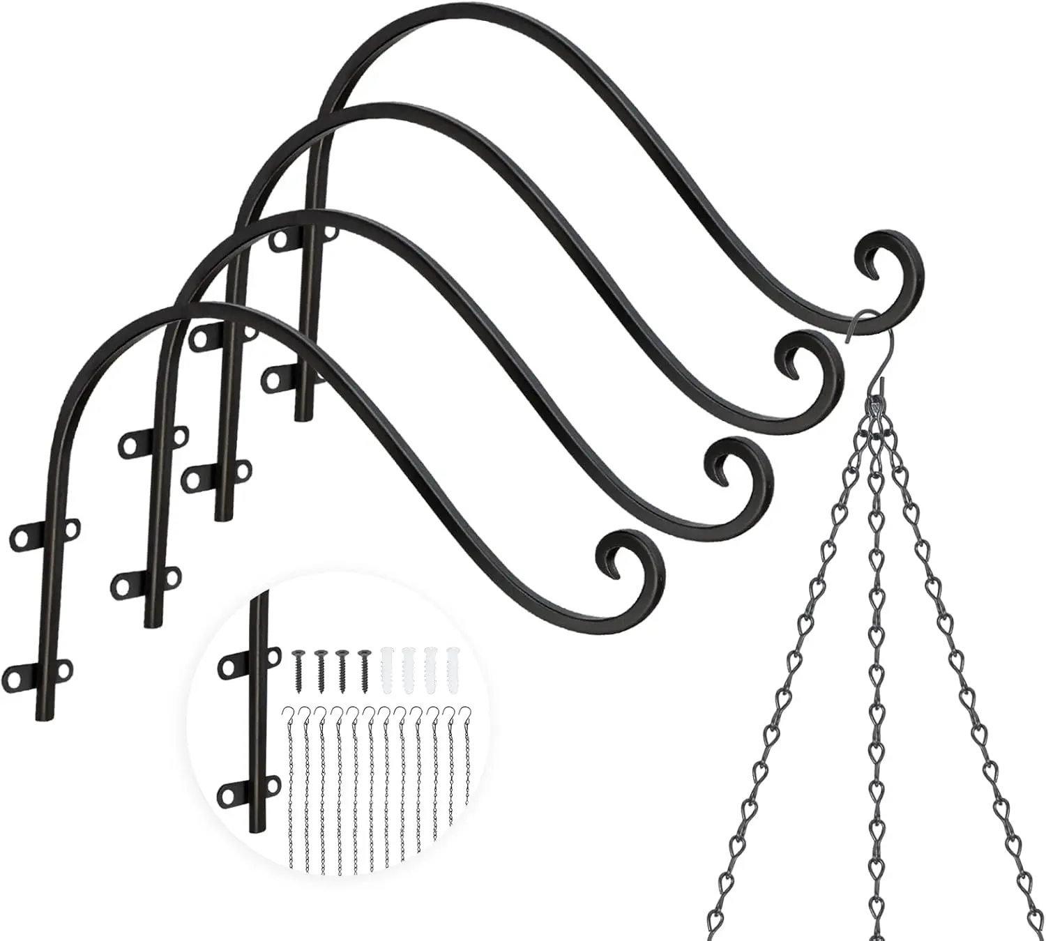 Metal Outdoor Hanging Brackets, 4-Pack 12-Inch Hooks with 12 Chains for Wall Mounting, Ideal for Bird Feeders, Hanging Baskets, Backyards, Billboards, Indoor/Outdoor Use, Black