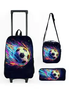 Cool football pattern printed 17 inch pull rod backpack three piece set Trolley Bags Rolling Bags Luggage