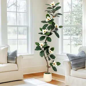【Christmas Gift】Rubber Tree 6FT Artificial Tree in White Planter Pot,Faux Plants Indoor Faux Floor Plant Artificial Plants with 7 Pcs Magnolia Flowers for Home Decor