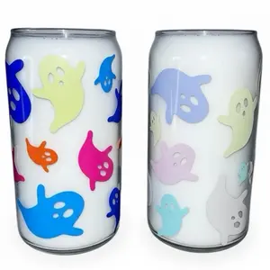 Color Changing Ghost Halloween Glass Cup Tumbler with Lid and Straw 16 oz Mug Transparent Drinkware Bottles Durable Hand Wash Only