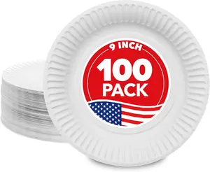 Stock Your Home 9-Inch Paper Plates Uncoated, Everyday Disposable Plates 9" Paper Plate Bulk, White, 100 Count