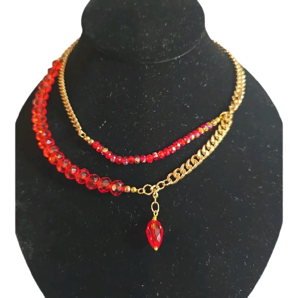 Double-Layer Red Carpet Crystal Beads & Gold Chain jewelry.