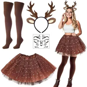 Carnival Deer Costume Women Deer Antlers Headband with Reindeer Ears Tutu Skirt Socks Deer Face Tattoo Deer Costume Accessory
