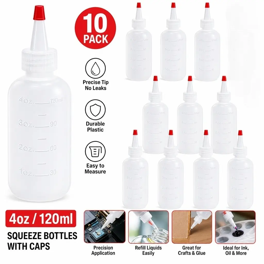 10 Pack 4 oz Plastic Squeeze Bottles with Caps, Small Dispensing Bottles for Crafts Art Glue Kitchen, Precision Tip Applicator for Oils Sauces Paint, Refillable Leak Proof Squirt Bottles