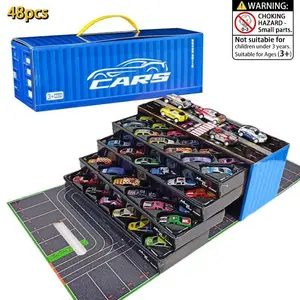 48-Piece Realistic Race Car Set, Collector's Edition Gift Box (12.1*4*4.7 inch), 4-Layer Interactive Toy Car Set with Map & Parking Lot, Perfect Holiday Present, Unisex