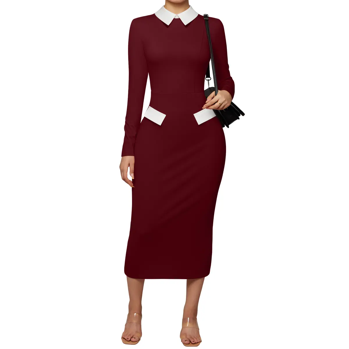 burgundy peter pan collar dress Maeva Satin Midi Dress in Burgundy Maroon main image 0