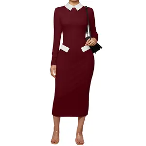 OYV Women's Elegant Pencil Dress Peter Pan Collar Long Sleeve 2025 Trendy Work Knee Length Dresses OYV Women's Elegant Pencil Dress Peter Pan Collar Long Sleeve 2025 Trendy Work Knee Length Dresses