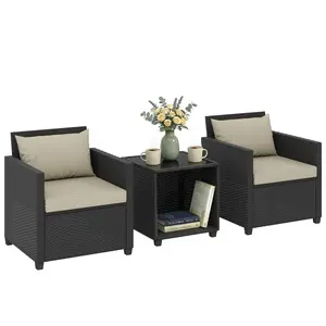 3 Piece Patio Bistro Set – Wicker Furniture Set With Thick Cushions, Glass Coffee Table And Chairs For Garden. Oversized Comfort, Beige
