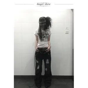 Karrram Japanese Letter Print T-shirt Trashy 2000s Style Short Sleeve Tee Shirt Grunge Aesthetics White Top Vintage Harajuku