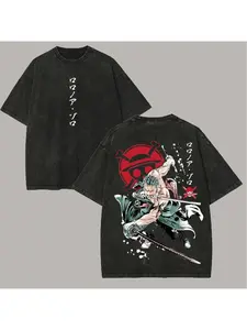 One Piece Roronoa Zoro Printed Men's and Women's Washed T-shirt Summer Men's and Women's Fashion Trend Loose Large High Quality Top Comfortable and Breathable Round Neck Pullover Short Sleeve Y2K Street
