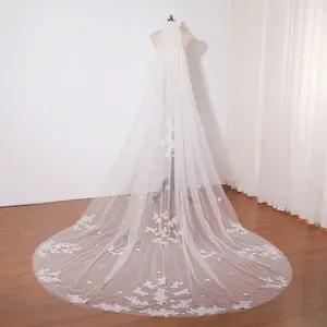 Elegant fairy wedding veil, Cathedral wedding veil floral lace embroidery, Unique flower lace bridal veil with comb, Fingertip veil, Chapel wedding veil, Leaf wedding veil