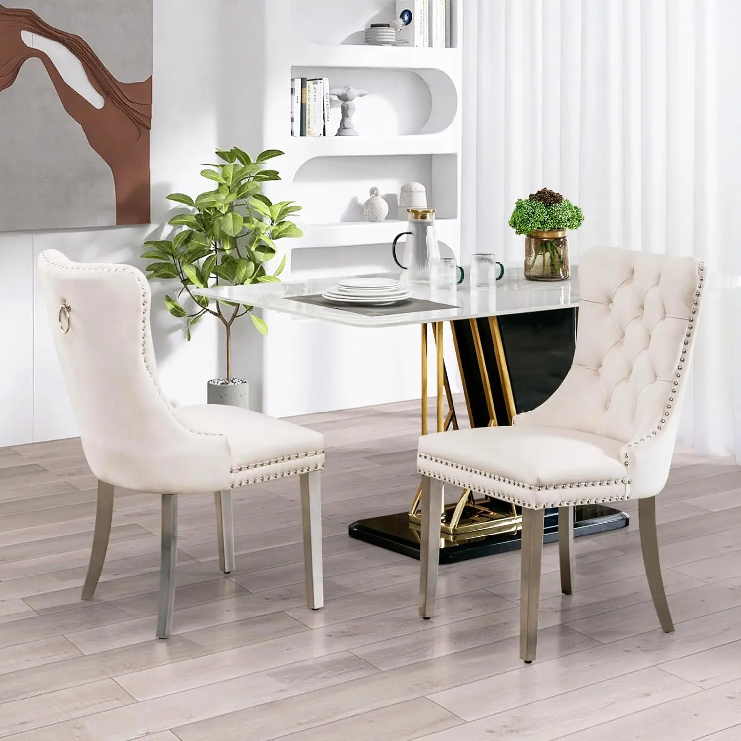 Velvet Dining Chairs Set of 2, Tall Back Side Chair, Modern Upholstered High-end Tufted Side Chair with Button Back Ring, Silver Plated Legs (Beige)