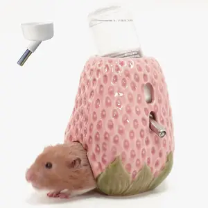 Hamster Water Bottle, Strawberry Ceramic Hamster Water Bottle for Glass Tank, 80ML Water Bottle Holder with 2 No Drip Caps for Syrian Mice, Gerbil