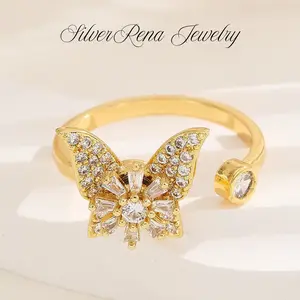 Elegant Butterfly Fidget Anxiety Open Ring with Sparkling 5A CZ Design, Stylish Fidget Jewelry for Women, 14k Gold Plated Rotatable Crystal Ring, Good Luck Gift for Her, Birthday Valentine's Day Anniversary Gift for Lover & Girls, Daily Wear Jewelry