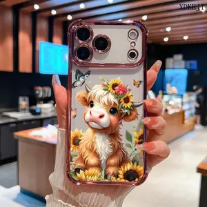 Highland Cow Sunflower & Butterfly Pattern Four Corners Air Cushion Phone Case for iPhone 17/16/15/14 Plus/13/12 Pro Max Electroplated Anti-Drop Silicone Cover with Non-Slip Design