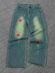 Men's Y2K Rose Embroidered Floral Jeans, Loose Fit Street Style Denim Jeans, Irregular Hem Hip Hop Fashion, Casual Wide Leg Long Trousers