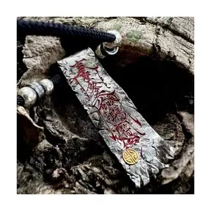 Taoist Sacred Edict Meditation Talisman Pendant, Cinnabar Inscription, Vintage Textured Silver, Golden Lucky Symbol Cord Necklace, Chinese Traditional Amulet for Men