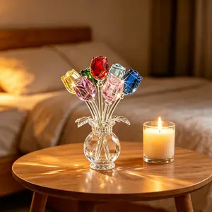 7 Colorful Crystal Rose Flower Bouquet, Decorative Glass-Iron Desktop Ornament with Vase, Elegant Room Floral Arrangement, Festival Gift for Friends, Includes Fish Supplement and Jujutsu Kaisen Anime Figurines, Zen Fountain Relaxation Centerpiece,summervi
