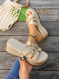 Elevated Platform Mules for Women - 7cm Wedge Height, Decorative Buckle, Shock-Absorbent Sole for All-Day Walking